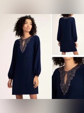 Trina Turk Tangle Front Keyhole Puff Sleeve Dress Indigo Size 6